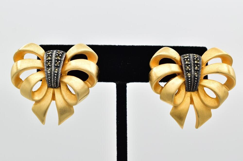 Judith Jack Vintage Bow Clip On Earrings Chunky Matte Brushed Gold Marcasite 9H